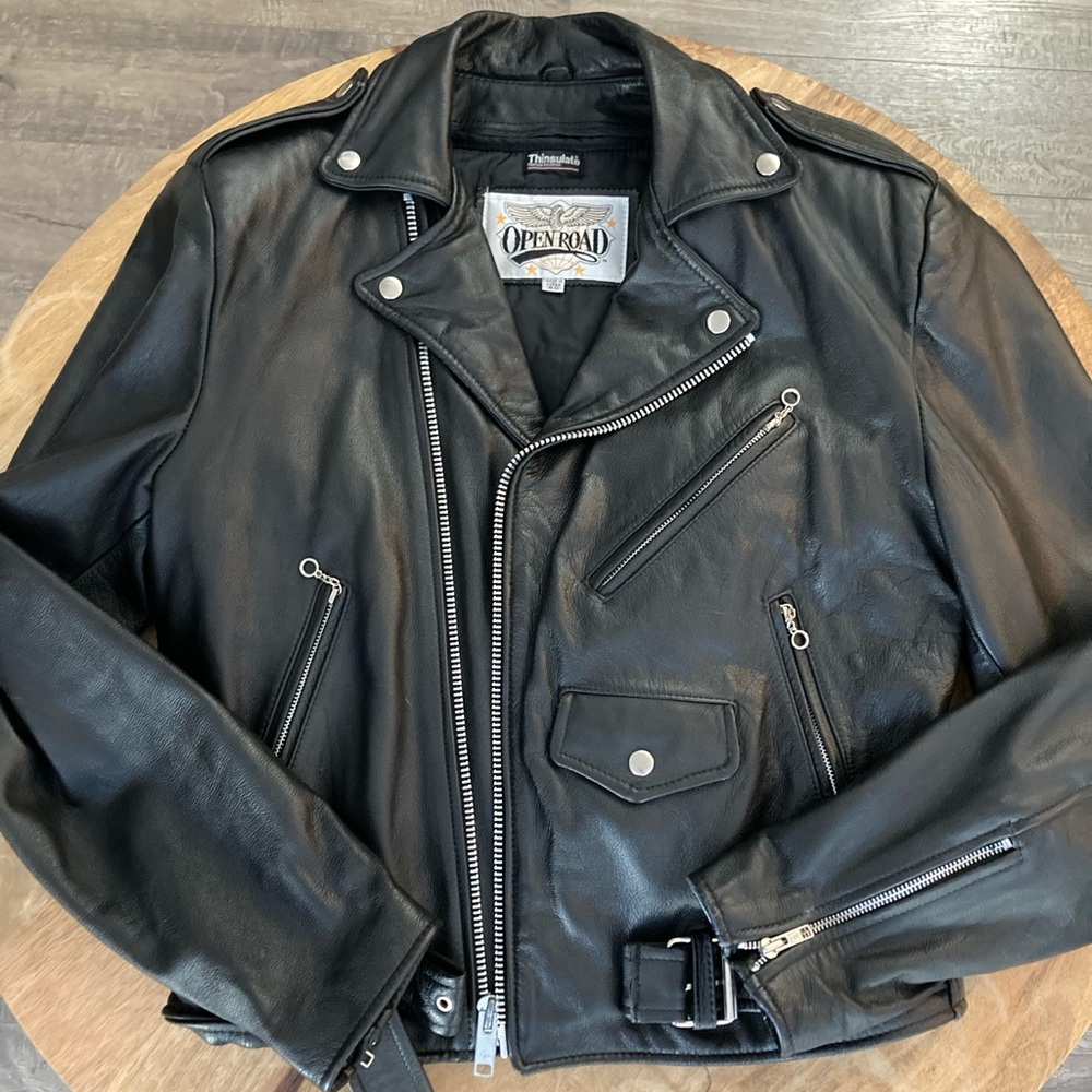 Open road, real leather biker jacket with removable inner lining
